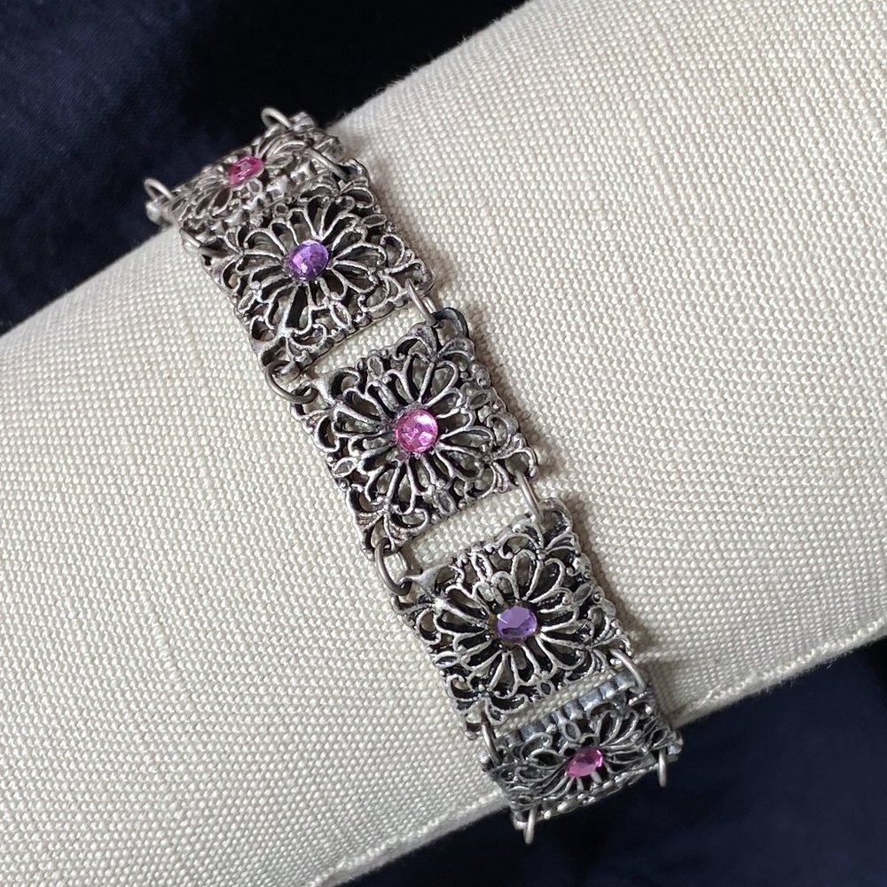 Nouveau Czech Rhinestone & Filagree Panel Bracelet